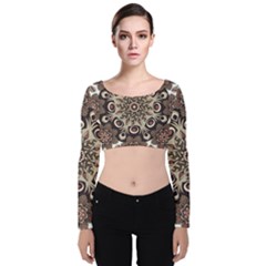 Mandala Pattern Round Brown Floral Velvet Long Sleeve Crop Top