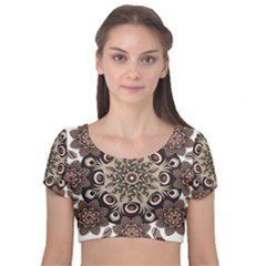 Mandala Pattern Round Brown Floral Velvet Short Sleeve Crop Top  by Celenk