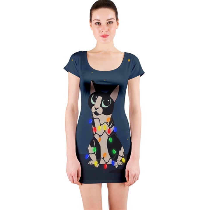 Meowy Christmas Short Sleeve Bodycon Dress