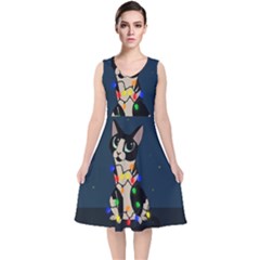 Meowy Christmas V-neck Midi Sleeveless Dress  by Valentinaart