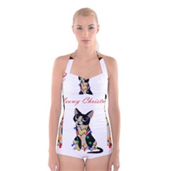 Meowy Christmas Boyleg Halter Swimsuit  by Valentinaart