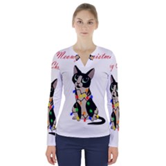 Meowy Christmas V-neck Long Sleeve Top by Valentinaart