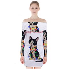 Meowy Christmas Long Sleeve Off Shoulder Dress by Valentinaart