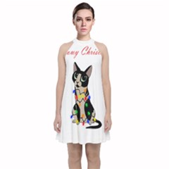 Meowy Christmas Velvet Halter Neckline Dress 