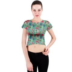 Vintage Christmas Hand-painted Ornaments In Multi Colors On Teal Crew Neck Crop Top by PodArtist