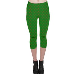 Mini Red Dots On Christmas Green Capri Leggings  by PodArtist