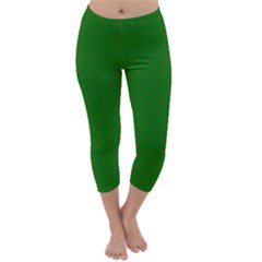 Mini Red Dots On Christmas Green Capri Winter Leggings  by PodArtist