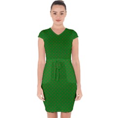 Mini Red Dots On Christmas Green Capsleeve Drawstring Dress  by PodArtist