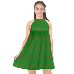 Mini Red Dots On Christmas Green Halter Neckline Chiffon Dress  by PodArtist