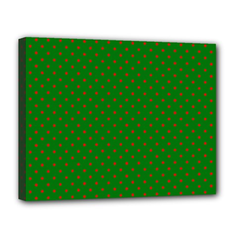 Mini Red Dots On Christmas Green Canvas 14  X 11  by PodArtist