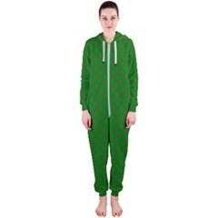 Mini Red Dots On Christmas Green Hooded Jumpsuit (ladies)  by PodArtist