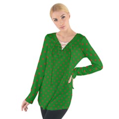 Mini Red Dots On Christmas Green Tie Up Tee by PodArtist