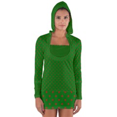 Mini Red Dots On Christmas Green Long Sleeve Hooded T-shirt by PodArtist