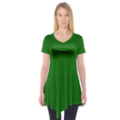 Mini Red Dots On Christmas Green Short Sleeve Tunic  by PodArtist