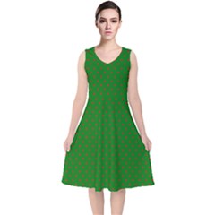 Mini Red Dots On Christmas Green V-neck Midi Sleeveless Dress  by PodArtist