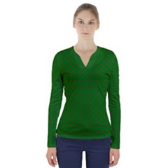 Mini Red Dots On Christmas Green V-neck Long Sleeve Top by PodArtist