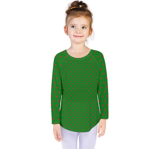 Mini Red Dots On Christmas Green Kids  Long Sleeve Tee by PodArtist