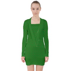 Mini Red Dots On Christmas Green V-neck Bodycon Long Sleeve Dress by PodArtist