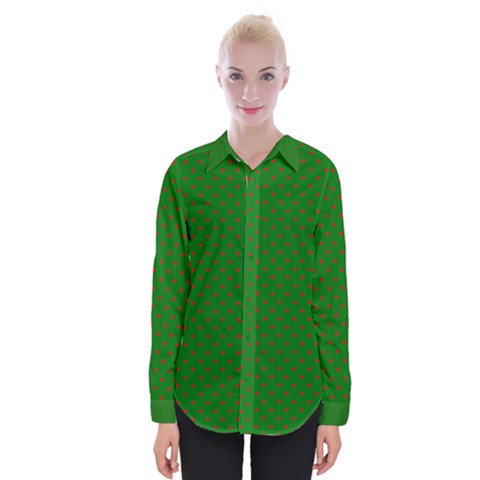 Mini Red Dots On Christmas Green Womens Long Sleeve Shirt by PodArtist