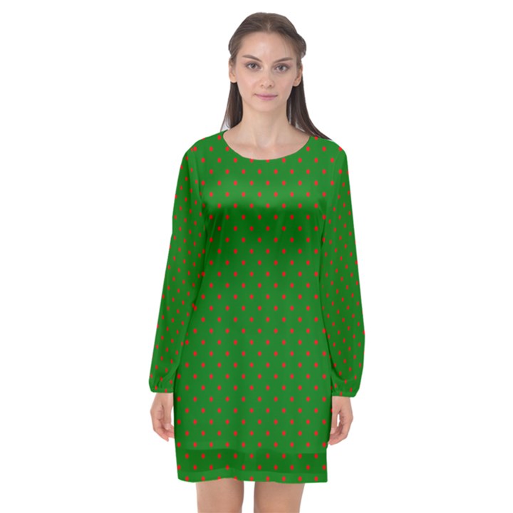 Mini Red Dots on Christmas Green Long Sleeve Chiffon Shift Dress 