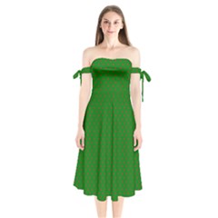 Mini Red Dots On Christmas Green Shoulder Tie Bardot Midi Dress by PodArtist