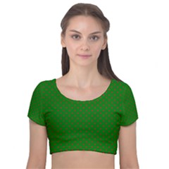 Mini Red Dots On Christmas Green Velvet Short Sleeve Crop Top  by PodArtist