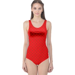 Small Christmas Green Polka Dots On Red One Piece Swimsuit by PodArtist