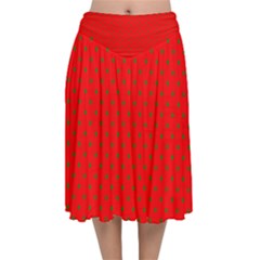 Small Christmas Green Polka Dots On Red Velvet Flared Midi Skirt