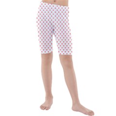 Small Christmas Red Polka Dot Hearts On Snow White Kids  Mid Length Swim Shorts by PodArtist