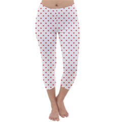 Small Christmas Red Polka Dot Hearts On Snow White Capri Winter Leggings  by PodArtist