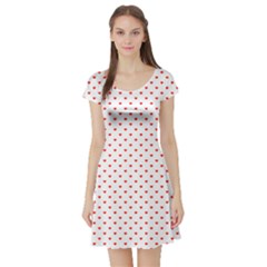 Small Christmas Red Polka Dot Hearts On Snow White Short Sleeve Skater Dress by PodArtist