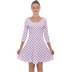 Small Christmas Red Polka Dot Hearts On Snow White Quarter Sleeve Skater Dress by PodArtist