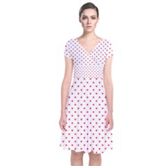 Small Christmas Red Polka Dot Hearts On Snow White Short Sleeve Front Wrap Dress by PodArtist