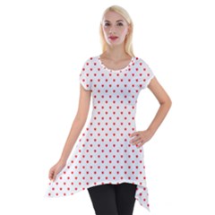 Small Christmas Red Polka Dot Hearts On Snow White Short Sleeve Side Drop Tunic by PodArtist