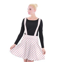 Small Christmas Red Polka Dot Hearts On Snow White Suspender Skater Skirt by PodArtist