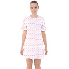 Small Christmas Red Polka Dot Hearts On Snow White Sixties Short Sleeve Mini Dress by PodArtist