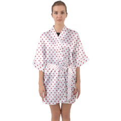 Small Christmas Red Polka Dot Hearts On Snow White Quarter Sleeve Kimono Robe by PodArtist