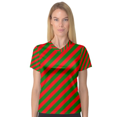 Red And Green Christmas Candycane Stripes V-neck Sport Mesh Tee by PodArtist