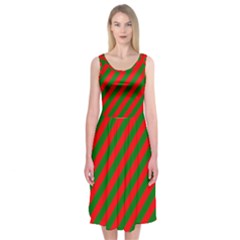 Red And Green Christmas Candycane Stripes Midi Sleeveless Dress by PodArtist