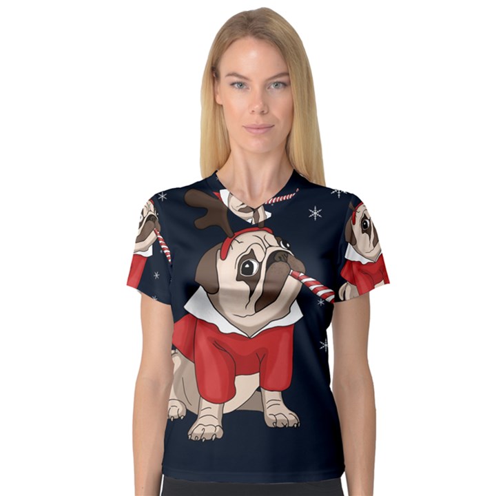 Pug Xmas V-Neck Sport Mesh Tee