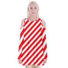 Christmas Red And White Candy Cane Stripes Velvet Long Sleeve Shoulder Cutout Dress