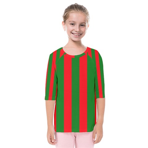 Wide Red And Green Christmas Cabana Stripes Kids  Quarter Sleeve Raglan Tee by PodArtist