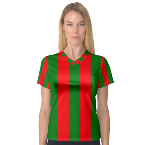 Wide Red And Green Christmas Cabana Stripes V-neck Sport Mesh Tee by PodArtist