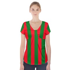 Wide Red And Green Christmas Cabana Stripes Short Sleeve Front Detail Top by PodArtist