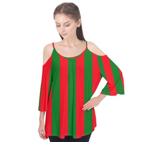 Wide Red And Green Christmas Cabana Stripes Flutter Tees by PodArtist