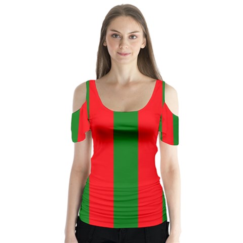 Wide Red And Green Christmas Cabana Stripes Butterfly Sleeve Cutout Tee  by PodArtist