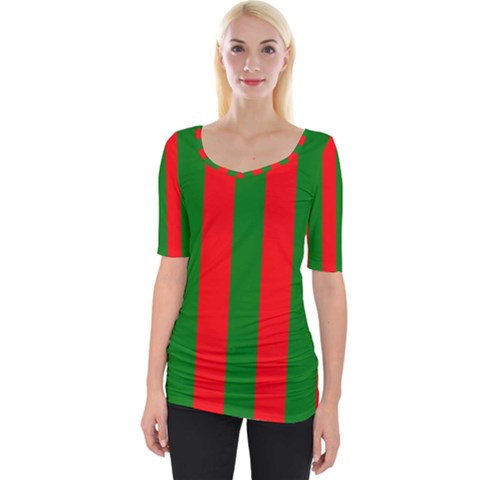 Wide Red And Green Christmas Cabana Stripes Wide Neckline Tee by PodArtist