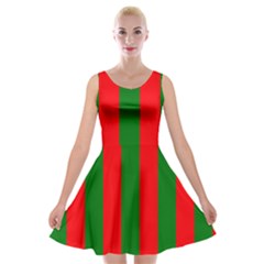 Wide Red And Green Christmas Cabana Stripes Velvet Skater Dress by PodArtist