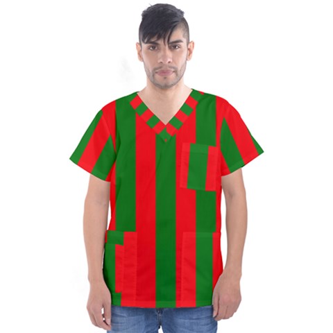 Wide Red And Green Christmas Cabana Stripes Men s V-neck Scrub Top by PodArtist