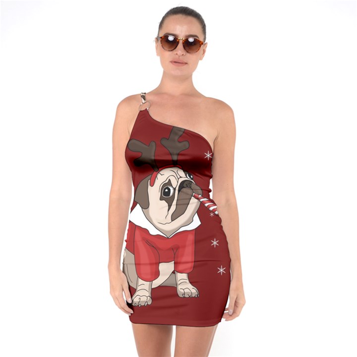 Pug Xmas One Soulder Bodycon Dress